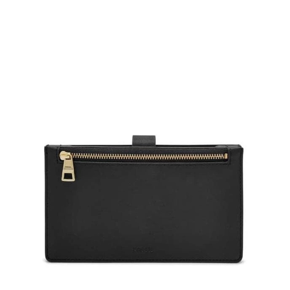 Fossil Leather Tab Wallet Bag Zip Compartments Pockets Black.